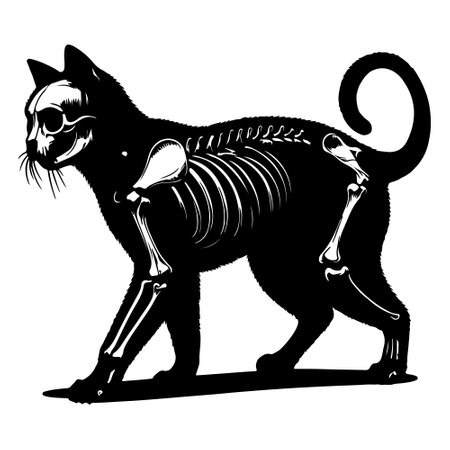 Black cat with a skeleton on a white background. Vector illustration.のイラスト素材