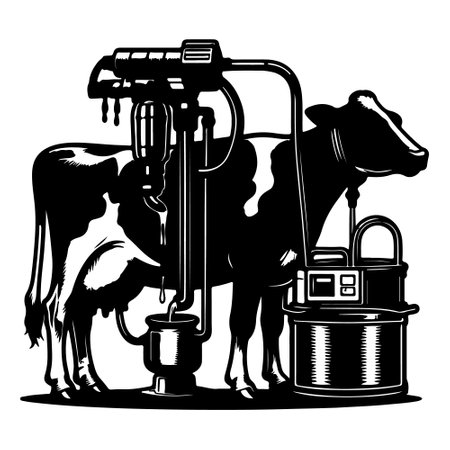 Black and white vector illustration of a cow with a bucket of water.のイラスト素材