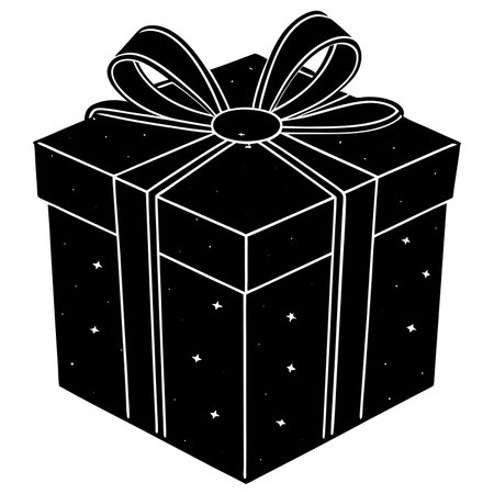 Black and white illustration of a gift box with a bow and stars.のイラスト素材