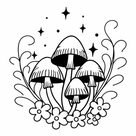 mushroom forest nature cartoon vector illustration graphic design in black and whiteのイラスト素材