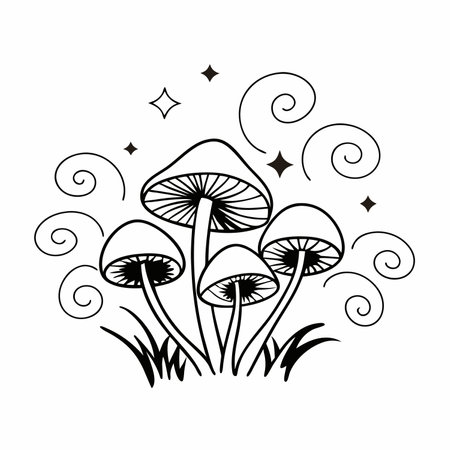 mushroom forest nature black and white vector illustration graphic design.のイラスト素材