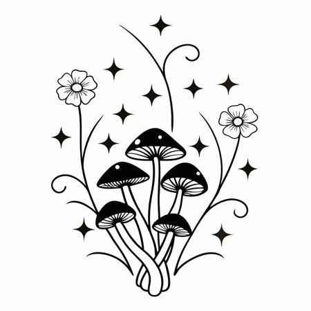 mushrooms and flowers icon cartoon black and white vector illustration graphic designのイラスト素材