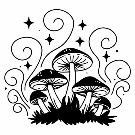 Mushrooms in the grass. Black and white vector illustration.のイラスト素材
