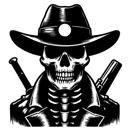 Cowboy skull with guns and hat. Vector illustration ready for vinyl cutting.のイラスト素材