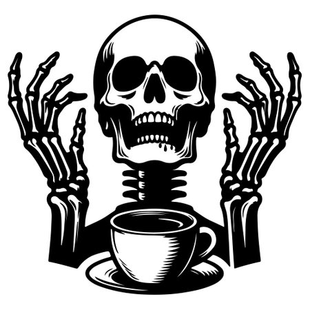 Skull with a cup of coffee in his hands. Vector illustrationのイラスト素材
