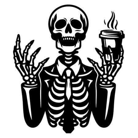 Skull holding cup of coffee. Vector illustration ready for vinyl cutting.のイラスト素材