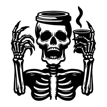 Skull with smoking pipe and cup of coffee. Vector illustration.のイラスト素材