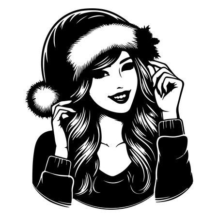 Beautiful girl in a Santa Claus hat. Black and white vector illustration.のイラスト素材