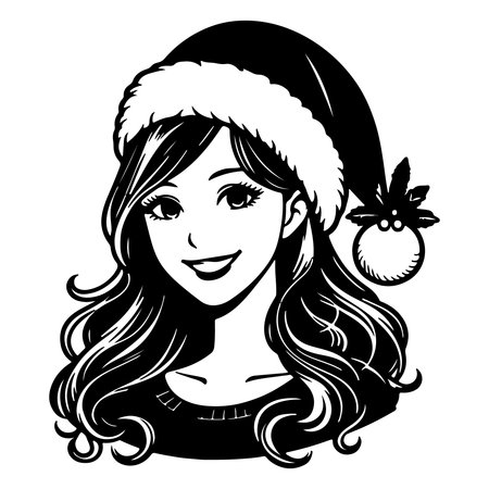 Beautiful girl in santa hat. Black and white vector illustration.のイラスト素材