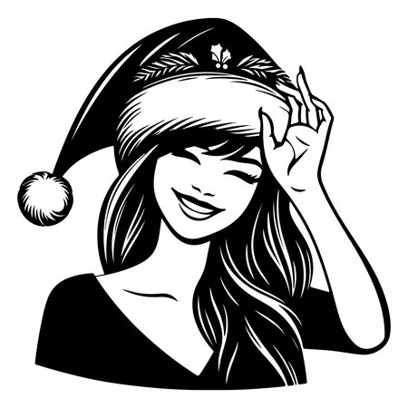 Beautiful girl in a Santa Claus hat. Vector illustration. Black and white.のイラスト素材