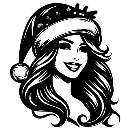 Beautiful girl in a Santa Claus hat. Vector illustration ready for vinyl cutting.のイラスト素材