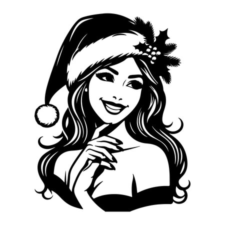 Beautiful girl in Santa Claus hat. Black and white vector illustration.のイラスト素材