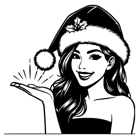 Beautiful girl in Santa Claus hat. Black and white vector illustration.のイラスト素材
