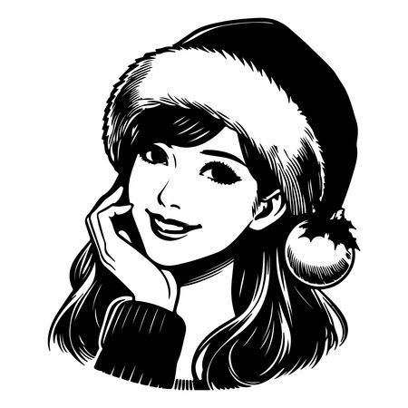 Beautiful girl in a Santa Claus hat. Vector illustration in black and white.のイラスト素材