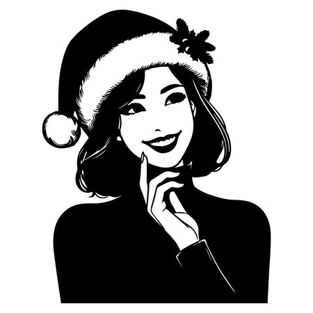 Beautiful asian woman in santa hat. Vector illustration.のイラスト素材