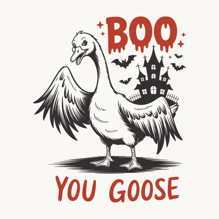 Hilarious halloween t shirt design featuring a goose spreading its wings in front of a haunted house with bats flying around and the silly phrase boo you goose A unique mix of farm life humor and spooky halloween style Perfect for halloween parties bird lovers and funny costume outfitsのイラスト素材