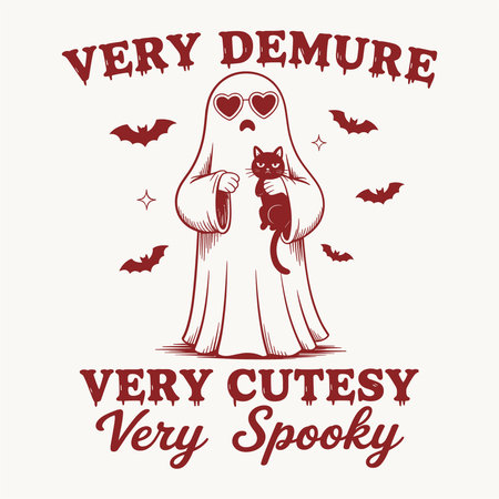 Vintage Halloween card with cute cat in ghost costume. Vector illustration.のイラスト素材
