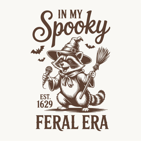 Vintage Halloween party poster with the image of a raccoon in a hat and broomstick.のイラスト素材