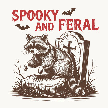 Vintage vector illustration of a raccoon sitting on a grave at Halloweenのイラスト素材