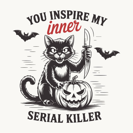 Halloween card with cat, pumpkin and knife. Vector illustration.のイラスト素材