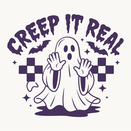 Funny halloween tshirt design featuring a spooky ghost with raised hands surrounded by bats stars and the phrase creep it real. Perfect humorous pun art for halloween costumes party wear casual outfits and novelty apparel mixing spooky retro vibes with playful humor for the season.のイラスト素材