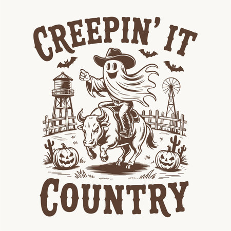 Funny halloween design featuring a cowboy ghost riding a bull with pumpkins bats and rustic farm scene. Creepin it country text makes this perfect for western lovers, country music fans, spooky halloween shirts, rodeo graphics, farmhouse halloween posters, rustic cowboy artwork and quirky country humor.のイラスト素材