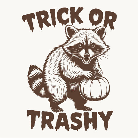 Funny halloween raccoon design holding pumpkin with text trick or trashy. Cute spooky animal artwork perfect for t shirts, stickers, posters and party graphics. Trendy vector illustration combining halloween humor, raccoon vibes and creepy yet playful trick or treat inspired design.のイラスト素材