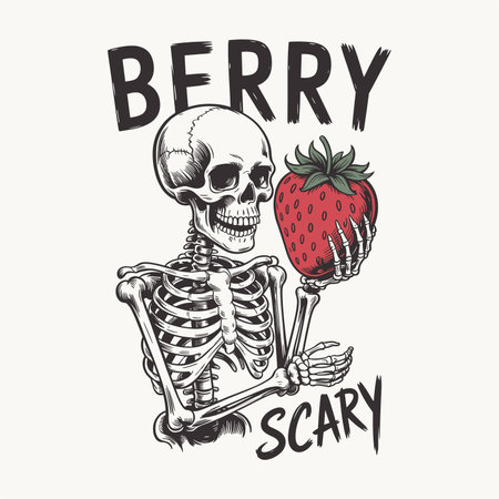 Hand drawn vector illustration of a skeleton with a strawberry and letteringのイラスト素材