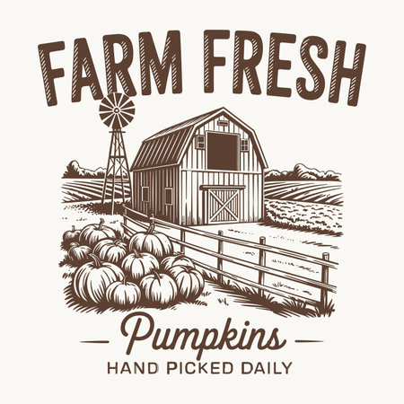 Rustic farmhouse style design featuring farm fresh pumpkins with a vintage barn windmill and autumn fields. Perfect seasonal artwork for harvest themes country living decor fall markets and retro tshirt designs. A unique vintage farm illustration celebrating autumn pumpkin season traditions.のイラスト素材
