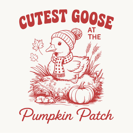 Adorable autumn t shirt design featuring a goose in a cozy beanie and scarf sitting at the pumpkin patch with fall leaves and grain stalks. With the slogan cutest goose at the pumpkin patch this seasonal illustration is perfect for thanksgiving harvest festivals fall lifestyle humor and festive apparel.のイラスト素材