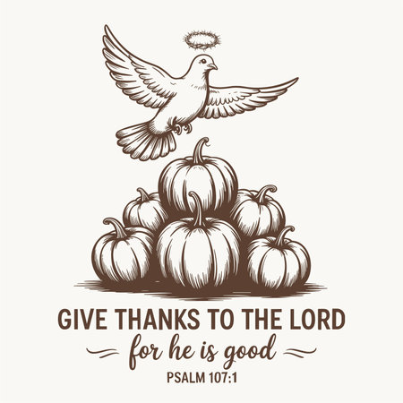inspirational christian thanksgiving design featuring a dove with halo above a pile of pumpkins and scripture message give thanks to the lord psalm 107 verse perfect for tshirts mugs posters cards and home decor beautiful autumn artwork celebrating faith gratitude and harvest blessings print readyのイラスト素材
