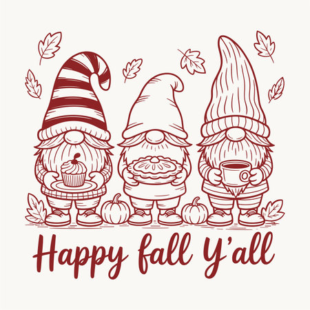 Cute fall tshirt design featuring three gnomes with cupcake pie and coffee surrounded by pumpkins and leaves captioned happy fall yall This cozy farmhouse autumn artwork is perfect for thanksgiving season harvest celebrations rustic decor apparel mugs posters and festive seasonal illustrationsのイラスト素材