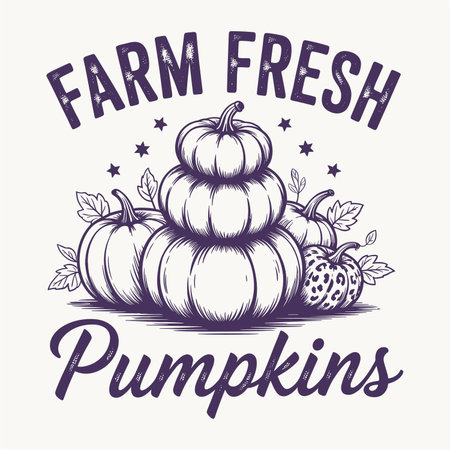 Rustic vintage style design featuring farm fresh pumpkins stacked in a classic fall harvest display with leaves and stars. Perfect autumn farmhouse artwork for seasonal decor thanksgiving markets country living and retro tshirt designs. Unique festive illustration celebrating pumpkin season.のイラスト素材