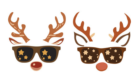 Trendy christmas tshirt design featuring reindeer faces with antlers wearing starry sunglasses and red noses. Perfect for funny festive apparel, family christmas outfits, winter party graphics, posters, quirky holiday decorations, retro style artwork, and unique seasonal designs for modern holiday fashion.のイラスト素材