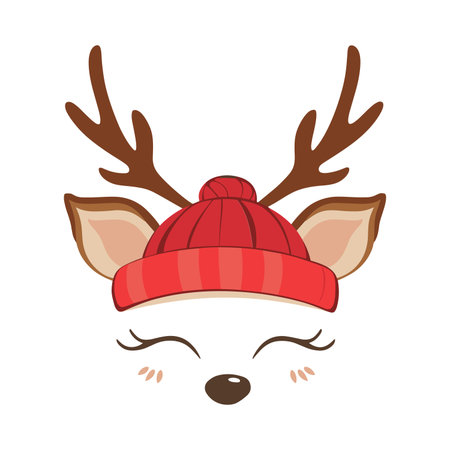 Adorable christmas t shirt design featuring a cute reindeer face wearing a cozy red winter hat with festive antlers and blushing cheeks. This playful holiday illustration is perfect for kids and adults christmas party outfits seasonal gifts cozy winter fashion dÃ©cor and joyful apparel designs.のイラスト素材