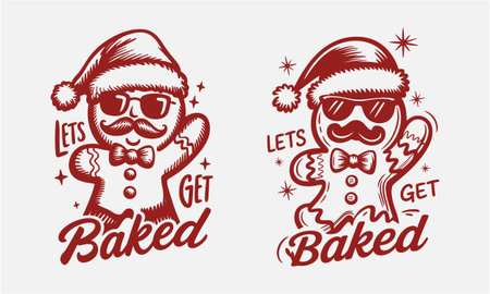 Funny christmas tshirt design featuring a gingerbread cookie wearing sunglasses santa hat and bow tie with the phrase lets get baked. Perfect for holiday humor, cookie lovers, festive apparel, baking fans, retro artwork, quirky christmas posters, party graphics, and unique seasonal decorations.のイラスト素材