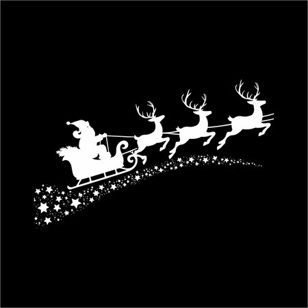 Beautiful christmas silhouette design showing santa claus flying in a sleigh pulled by reindeer across the night sky with a sparkling trail of stars. Perfect festive holiday vector for greeting cards posters tshirts mugs seasonal crafts party decor and classic winter christmas themed illustrations.のイラスト素材