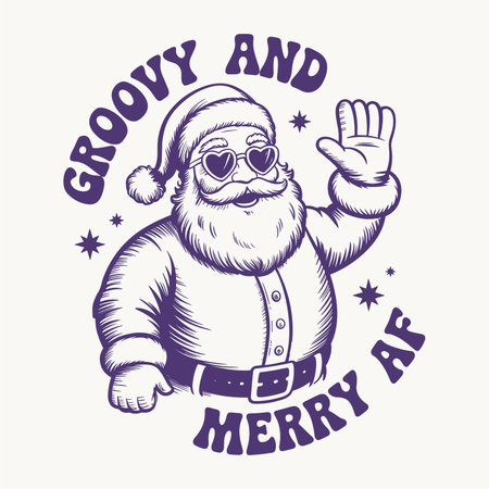 Retro christmas tshirt design featuring a groovy santa claus with heart shaped sunglasses waving under the phrase groovy and merry This vintage festive artwork blends humor and retro holiday charm making it perfect for christmas lovers cozy gifts seasonal apparel posters mugs and decorationsのイラスト素材