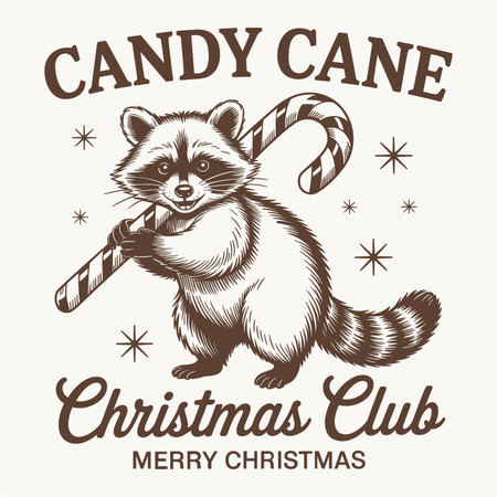 adorable raccoon illustration holding a candy cane with christmas club merry christmas text perfect for holiday tshirts mugs stickers posters and seasonal decor fun festive artwork for winter celebrations great for christmas lovers unique animal design vector art ready for print and merchのイラスト素材