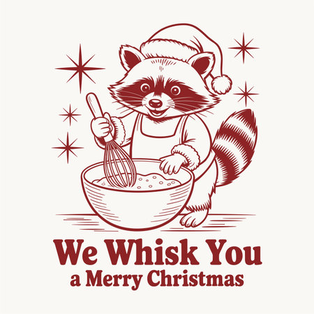 Adorable christmas design featuring a raccoon in santa hat and apron whisking a mixing bowl with the funny pun we whisk you a merry christmas. Perfect festive holiday tshirt artwork for baking lovers novelty gifts greeting cards posters and cute seasonal animal cartoon illustrations.のイラスト素材