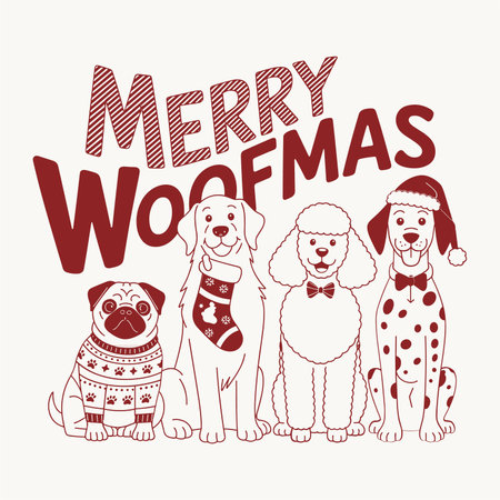 Adorable christmas dog design featuring pug retriever poodle and dalmatian in festive outfits with slogan merry woofmas. Perfect holiday humor artwork for pet lovers, dog owners and festive parties. Fun vector illustration for t shirts, posters, mugs, stickers and christmas decorations.のイラスト素材