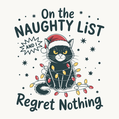 funny christmas cat illustration featuring a grumpy kitty in santa hat tangled in christmas lights with the quote on the naughty list and i regret nothing perfect for tshirts mugs posters cards and holiday decor playful festive artwork for cat lovers holiday humor and novelty gifts vector designのイラスト素材