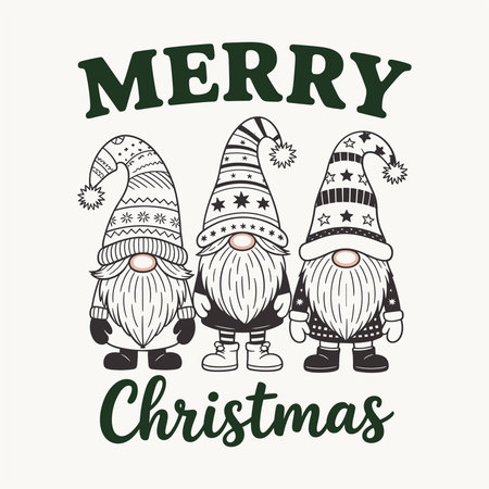 This Merry Christmas design features three festive gnomes with winter hats and beards in a Nordic Scandinavian style. A charming holiday illustration perfect for t shirt printing, mugs, cards, pillows, and vector projects. Great for creating cozy Christmas decorations and festive seasonal artwork.のイラスト素材