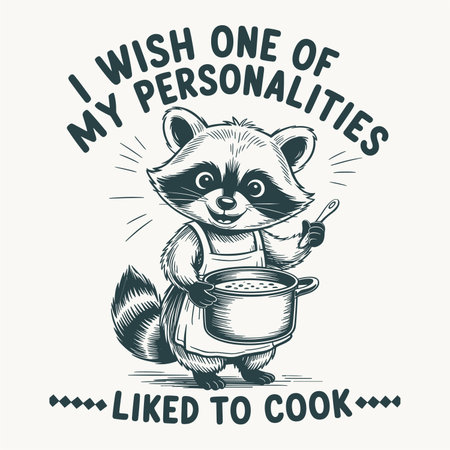 A highly relatable and humorous graphic t shirt design featuring a cute raccoon chef holding a cooking pot with the slogan I wish one of my personalities liked to cook This vintage style vector is perfect for cooking enthusiasts reluctant chefs and fans of funny animal humor Great for apparel posters stickers and merchandise print on demandのイラスト素材
