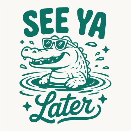 A funny farewell t shirt design vector featuring a cool crocodile or alligator in sunglasses floating in water with the quote See Ya Later. Perfect for humorous animal lovers summer vacation apparel and witty graphic print merchandise.のイラスト素材