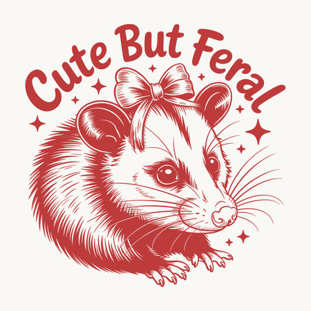 Playful vintage t shirt design featuring a cute opossum with a bow and caption cute but feral Perfect for animal lovers humor fans and retro style enthusiasts This funny animal artwork blends adorable charm and wild attitude in a bold monochrome hand drawn illustrationのイラスト素材