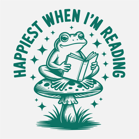 Adorable frog cartoon illustration sitting on a mushroom and reading a book with a joyful quote. Perfect t shirt design for book lovers, readers, and animal fans. Trendy vintage style vector art for apparel, mugs, stickers, and posters. Whimsical reading frog full of charm and positivity.のイラスト素材
