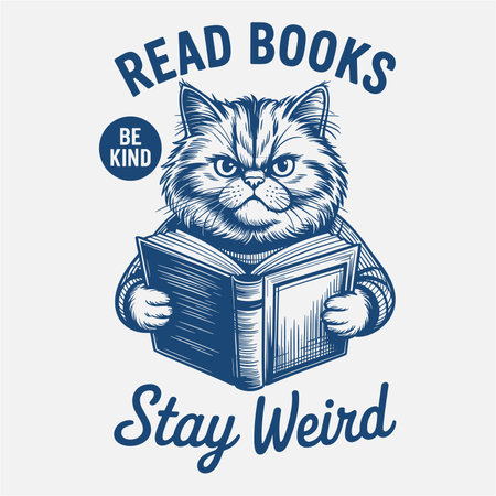 Adorable grumpy cat cartoon reading a book with a fun quote about staying weird. Perfect humorous t shirt design for book lovers, readers, and cat fans. Trendy vintage style vector art for apparel, mugs, stickers, and posters. Playful feline design full of wit, charm, and attitude.のイラスト素材