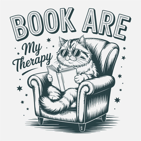 Cool cat relaxing in an armchair while reading a book funny clever illustration perfect for book lovers and readers humorous design for t shirt sticker or poster cozy animal cartoon style art with positive relaxing vibes ideal for trendy apparel and gift printsのイラスト素材