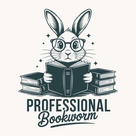 Adorable rabbit cartoon wearing glasses and reading a book with funny quote professional bookworm. Perfect reading humor vector for t shirt printing, mugs, posters, and gifts. Great for book lovers, teachers, and fans of cute vintage cartoon animal illustrations.のイラスト素材